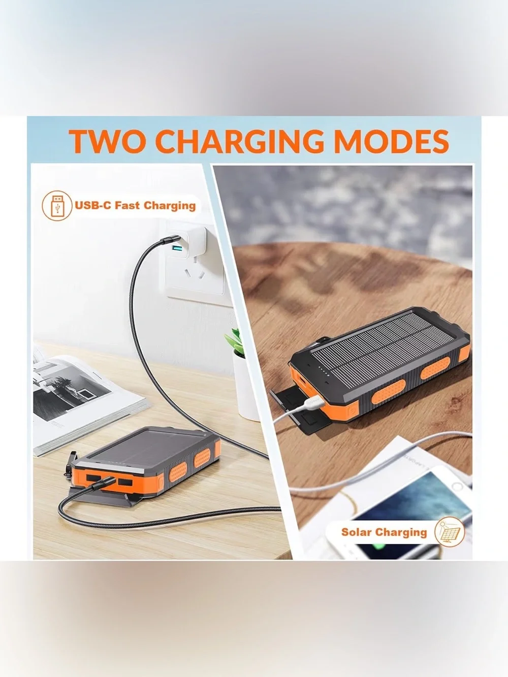 Portable Solar Power Bank with Compass - Black & Orange